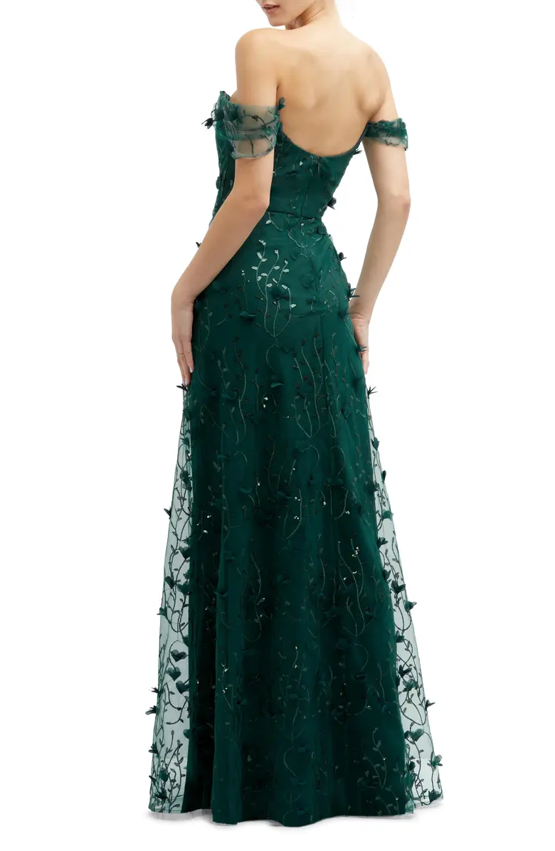 3D Embroidered Off the Shoulder Gown - Image 2