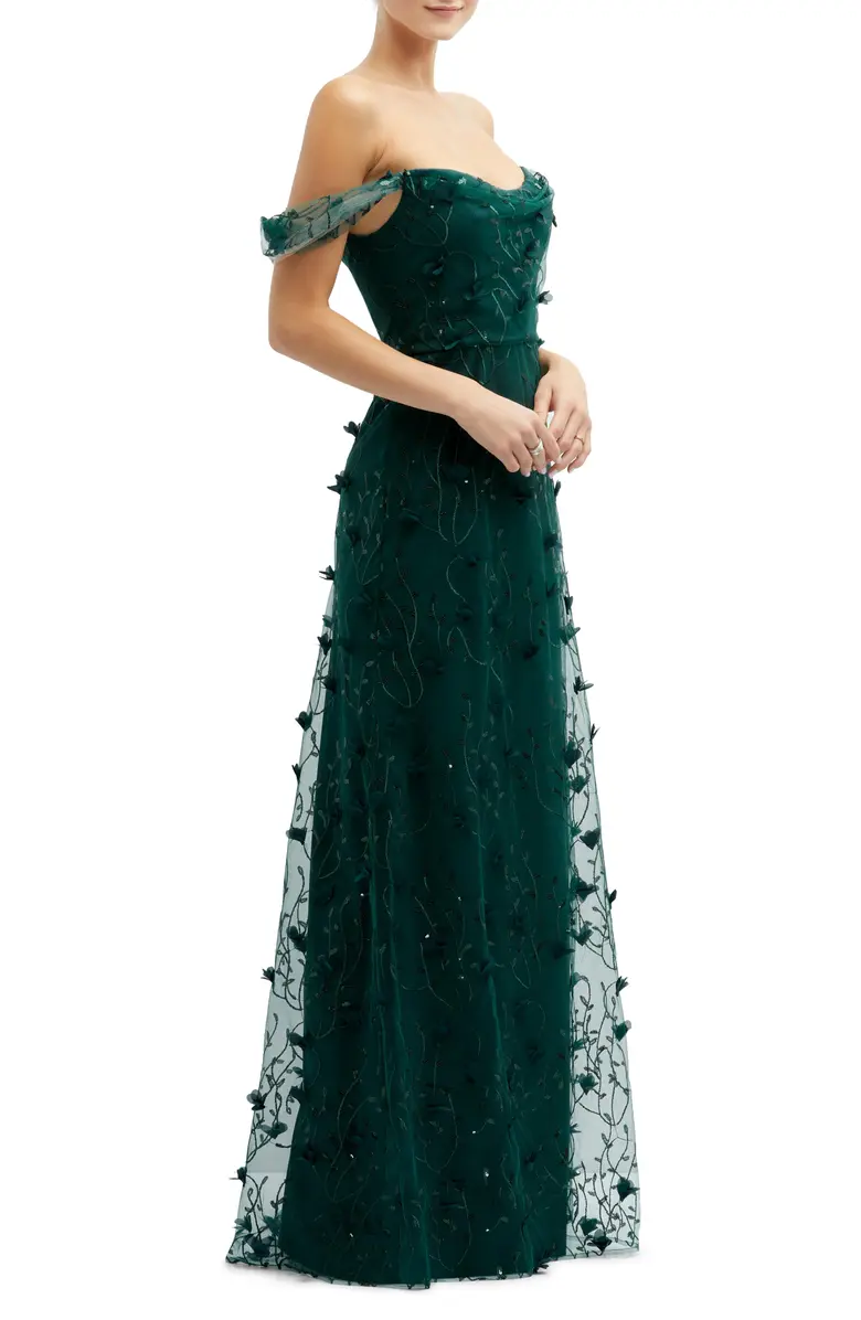 3D Embroidered Off the Shoulder Gown - Image 3