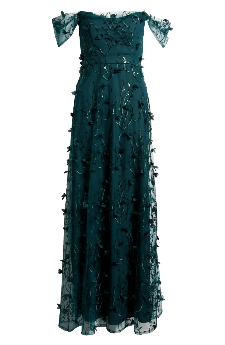 3D Embroidered Off the Shoulder Gown - Image 4