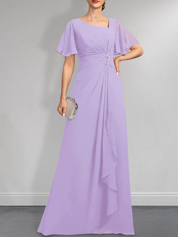 A-line Asymmetrical Floor-Length Chiffon Mother of the Bride Dress With Pleated Beading Sequins - Image 24