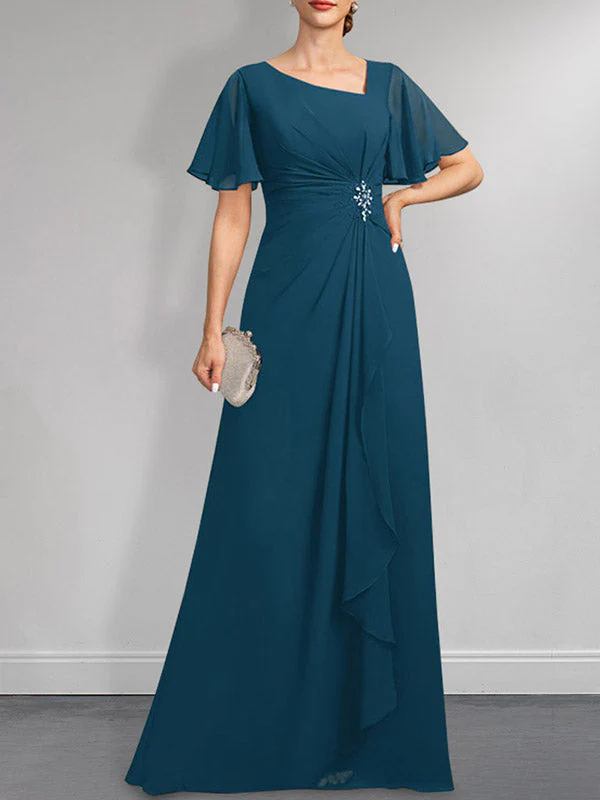 A-line Asymmetrical Floor-Length Chiffon Mother of the Bride Dress With Pleated Beading Sequins - Image 9