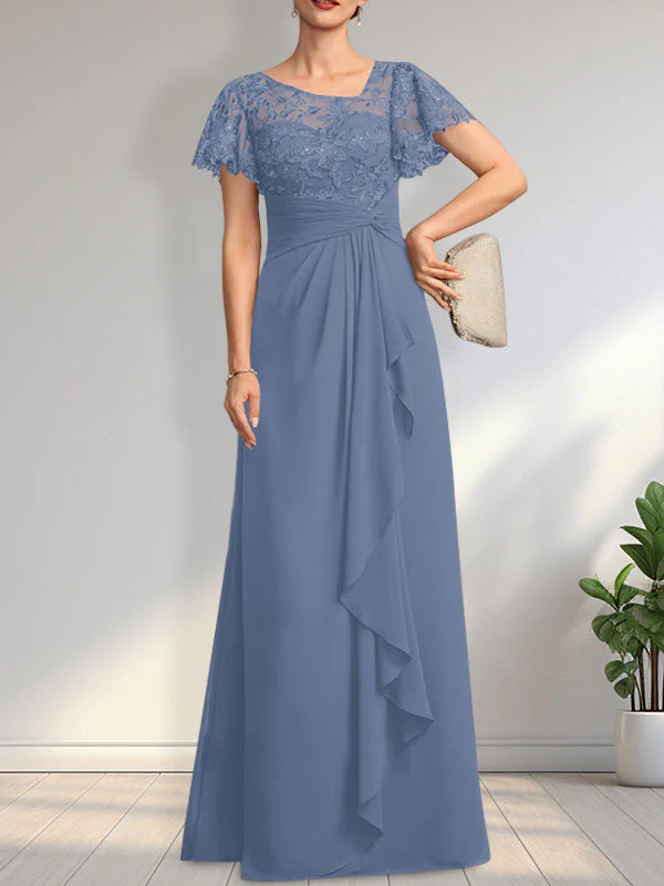 A-line Asymmetrical Illusion Floor-Length Lace Chiffon Mother of the Bride Dress With Cascading Ruffles Sequins - Image 14