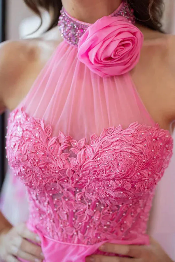 A Line Halter Neck Beaded Lace Long Pink Prom Dresses - Image 2