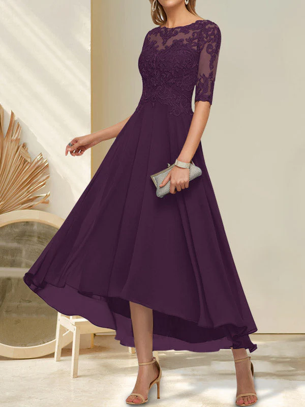 A-line Boat Neck Illusion Asymmetrical Chiffon Lace Mother of the Bride Dress With Sequins Beading - Image 10