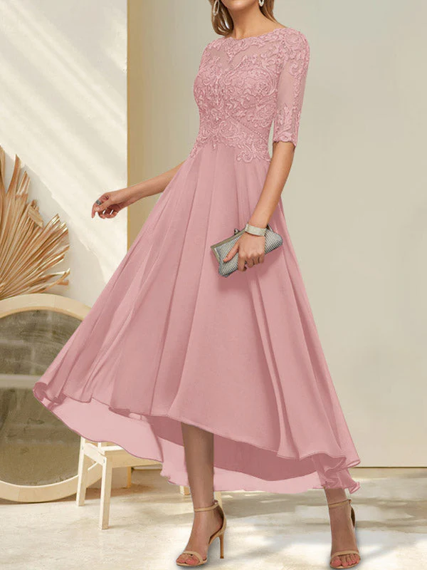 A-line Boat Neck Illusion Asymmetrical Chiffon Lace Mother of the Bride Dress With Sequins Beading - Image 17