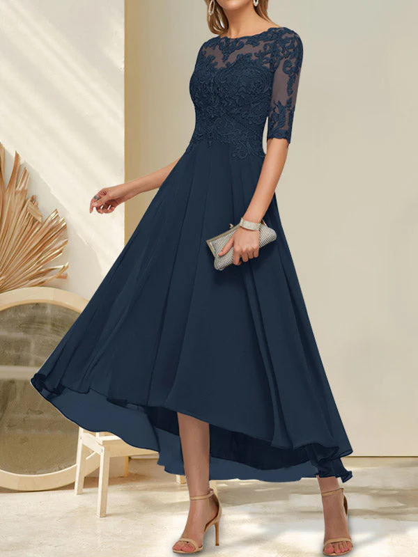 A-line Boat Neck Illusion Asymmetrical Chiffon Lace Mother of the Bride Dress With Sequins Beading - Image 6