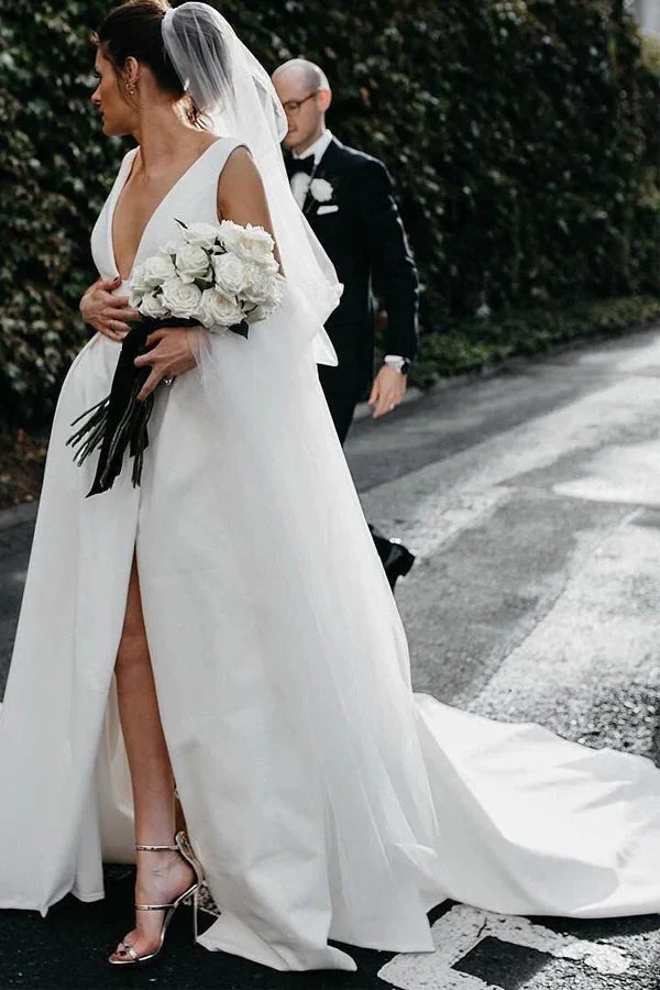 A Line Deep V Neck Open Back White Long Wedding Dresses Bridal Gown - Image 2