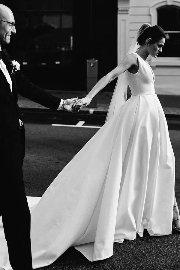 A Line Deep V Neck Open Back White Long Wedding Dresses Bridal Gown - Image 4