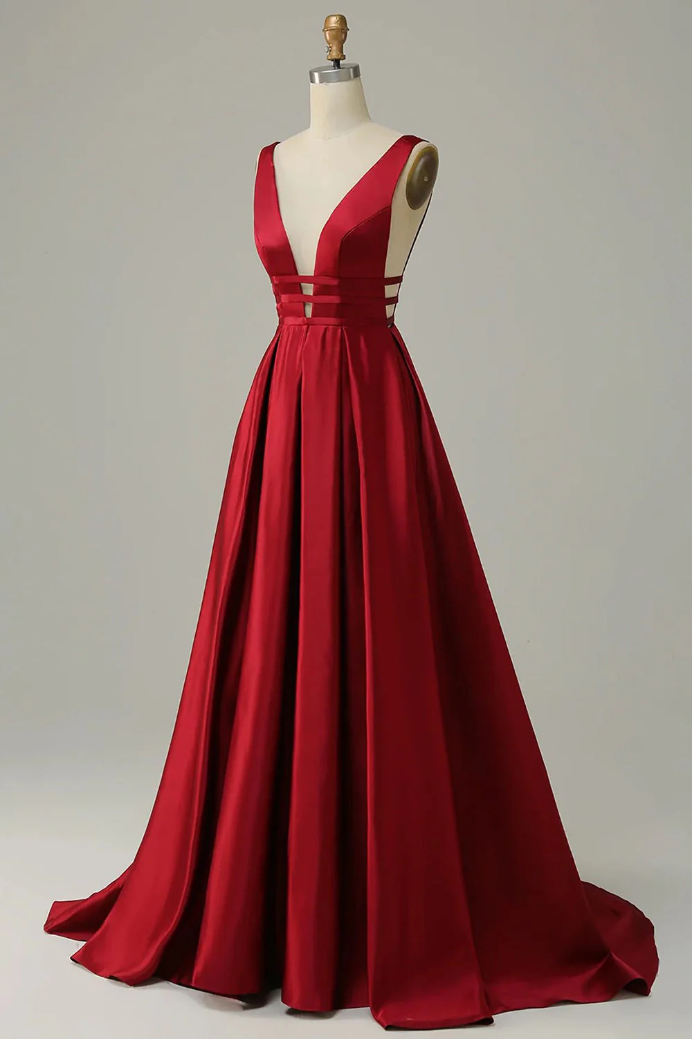 A Line Deep V Neck Red Long Prom Dress with Backless - Image 3