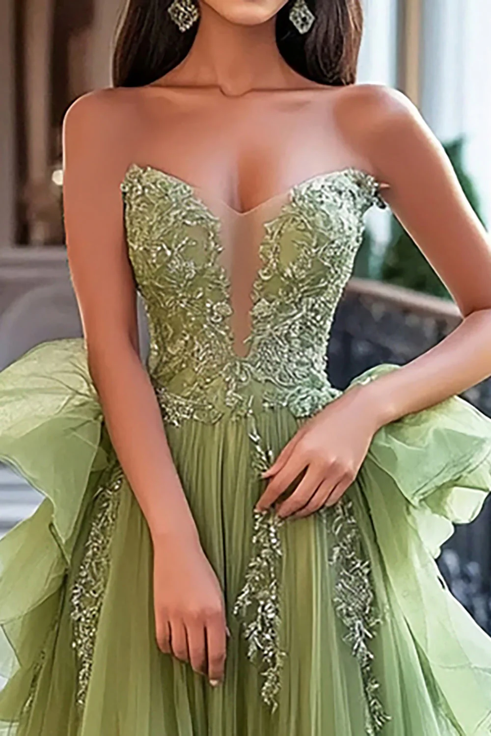 A Line Dusty Sage Tulle Long Prom Dress with Lace Appliques - Image 2