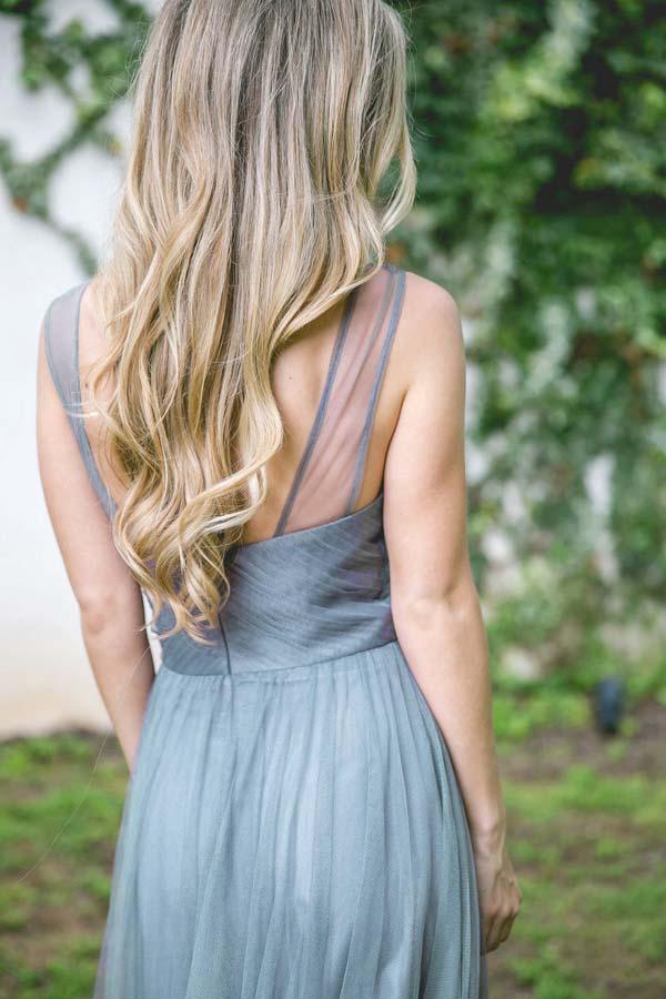 A-line Floor-Length Turquoise Sleeveless Tulle Bridesmaid Dress - Image 2