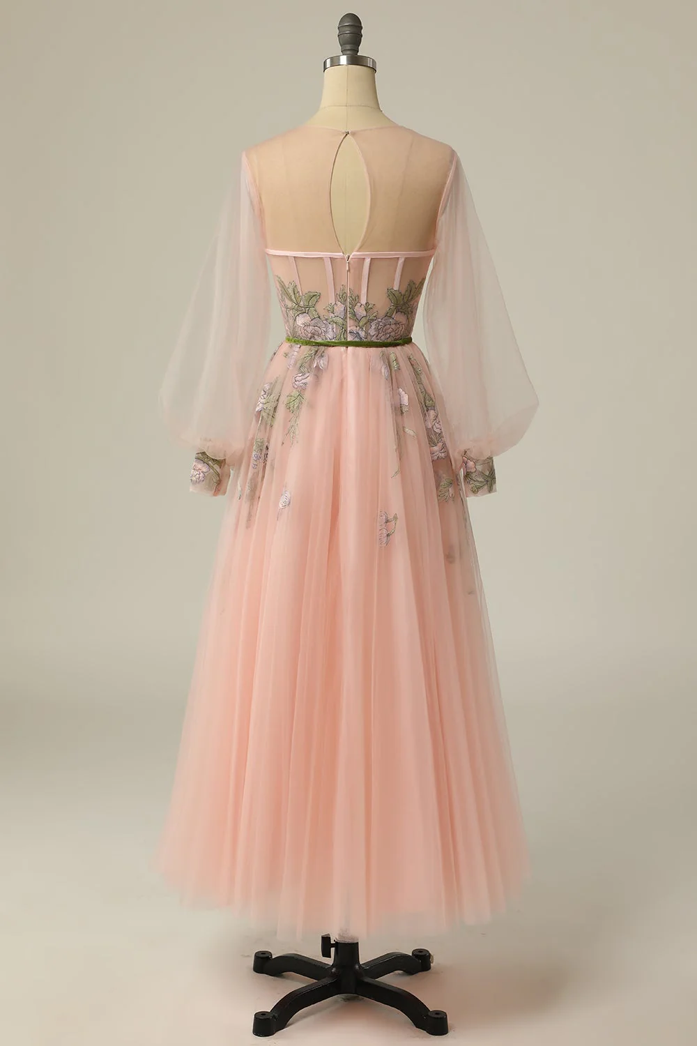 A Line Scoop Long Sleeve Tulle Prom Dress with Floral Embroidery - Image 6