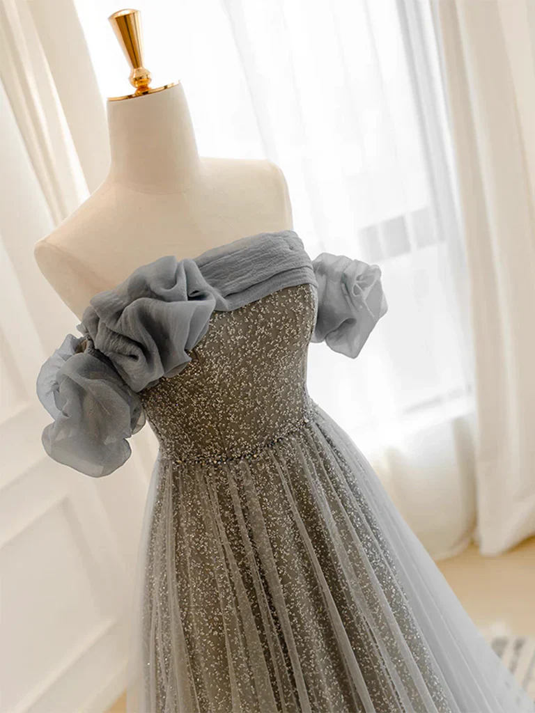A-Line Gray Tulle Sequin Long Prom Dress Formal Dress With Sweep Train - Image 3