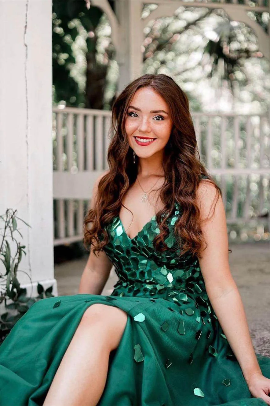 A-Line Green V-Neck Sequins Long Prom Dress - Image 2