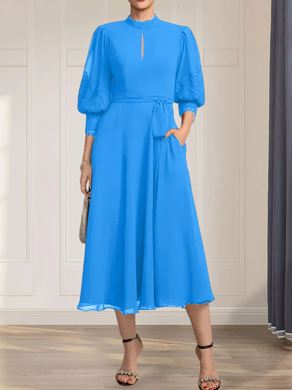 A-line High Neck Tea-Length Lace Chiffon Mother of the Bride Dress With Bow - Image 10