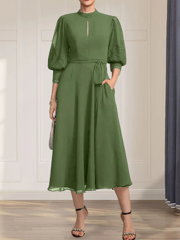 A-line High Neck Tea-Length Lace Chiffon Mother of the Bride Dress With Bow - Image 29