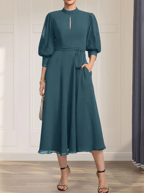A-line High Neck Tea-Length Lace Chiffon Mother of the Bride Dress With Bow - Image 31