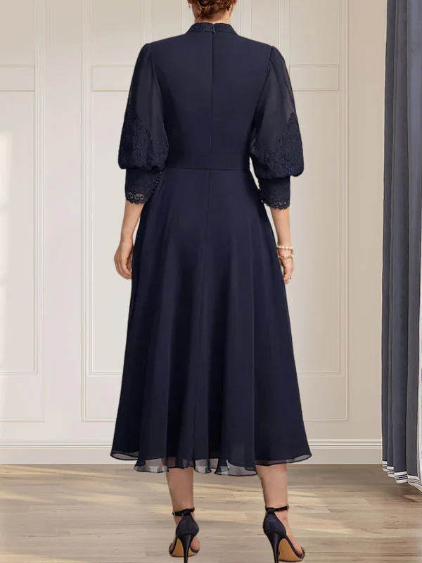 A-line High Neck Tea-Length Lace Chiffon Mother of the Bride Dress With Bow - Image 6