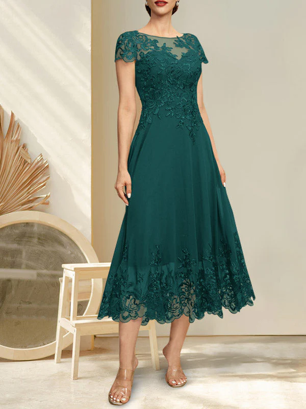 A-line Illusion Scoop Tea-Length Lace Chiffon Mother of the Bride Dress With Sequins - Image 23