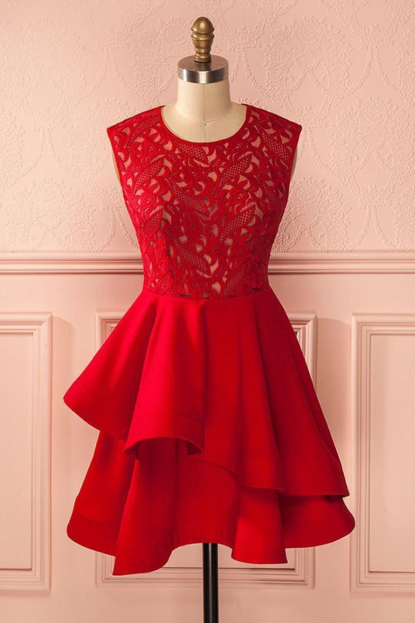 A-Line Jewel Short Red Satin Homecoming Dress with Lace Ruffles PG117 - Image 2