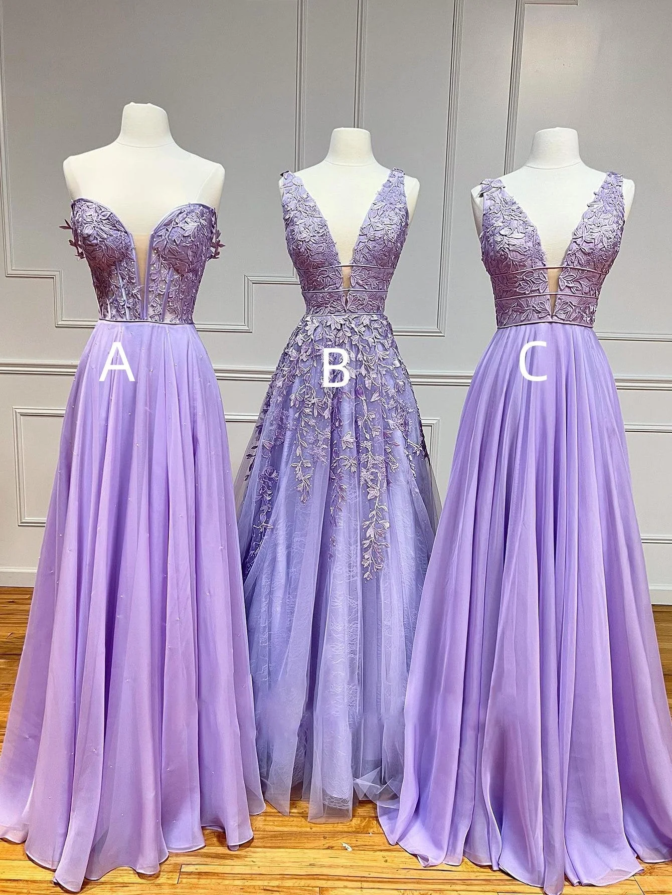 A Line Plunge V Neck Lace Chiffon Prom Dress - Image 3