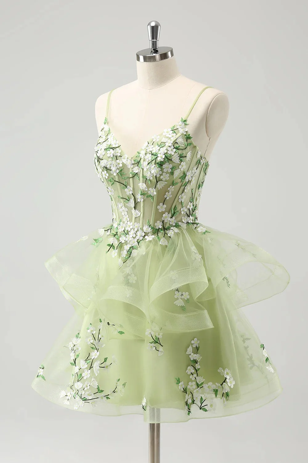A Line Light Green Corset Short Homecoming Dress with 3D Flowers - Image 2