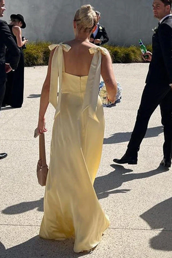 A-Line Light Yellow Scoop Neck Bridesmaid Dress with Slit - Image 3