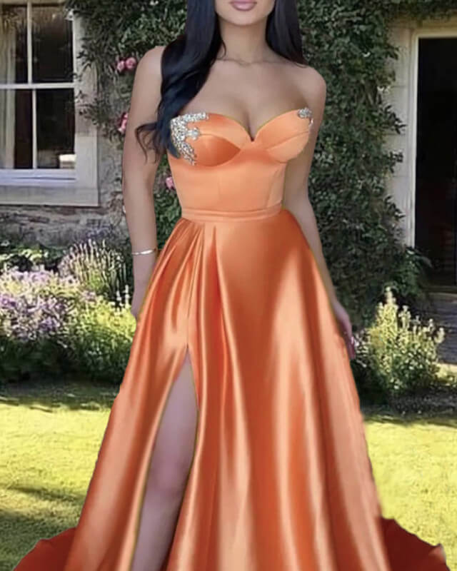 A-Line Long Orange Satin Sweetheart Split Gown Prom Dresses with Sweep Train - Image 2
