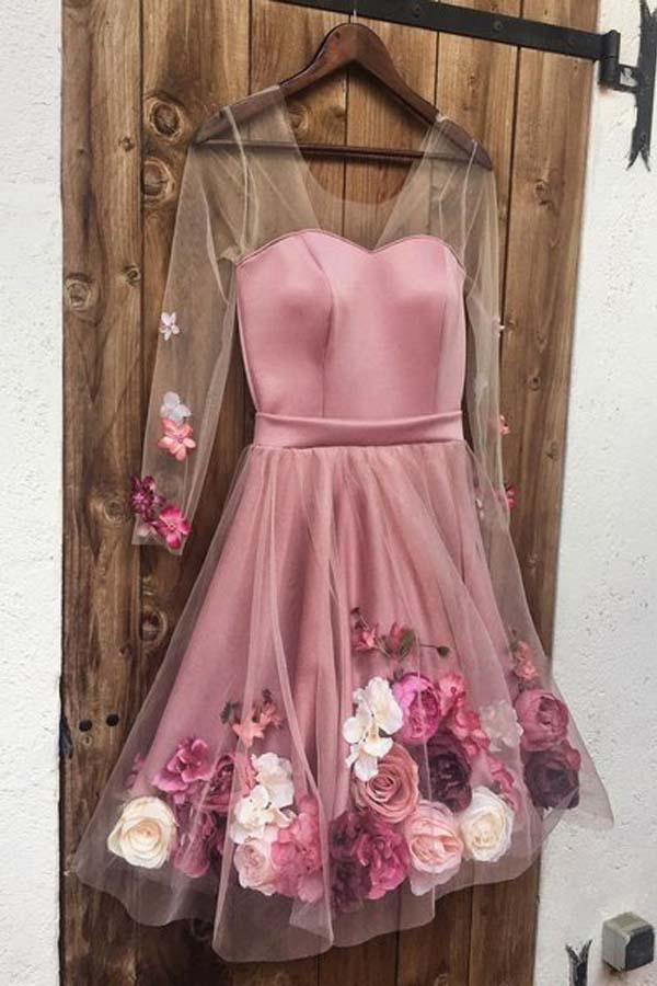 A Line Long Sleeves Short White Floral Prom Dresses Homecoming Dresses   PD346 - Image 2