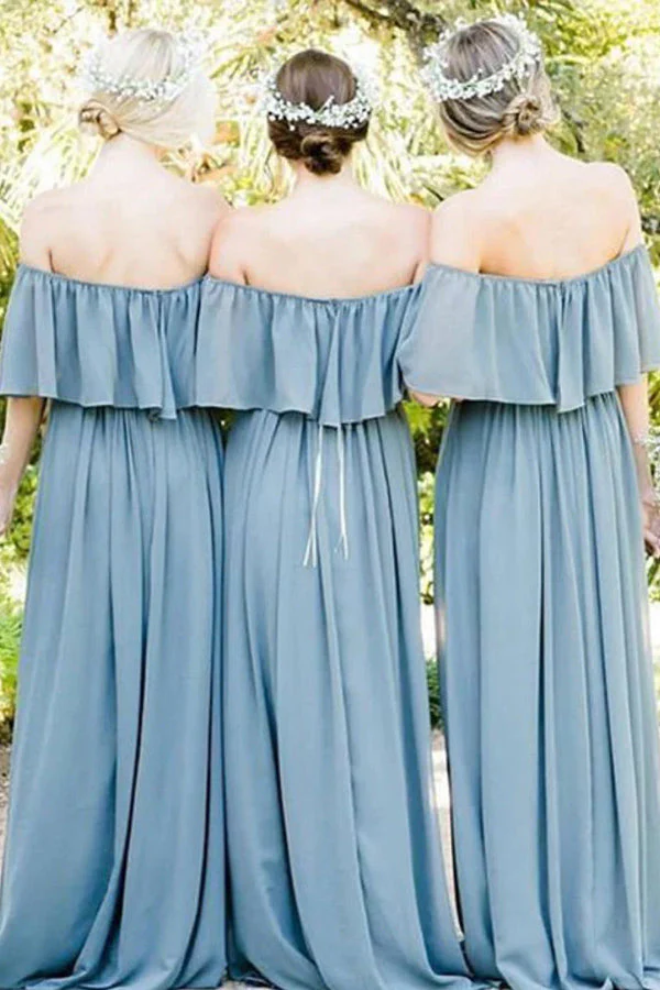 Off Shoulder Ruffles Pleated Gray Blue Bridesmaid Dress - Image 2