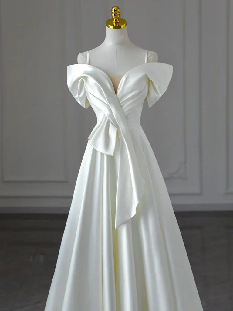 A-Line Off Shoulder Satin White Long Prom Dress Formal Dress - Image 2