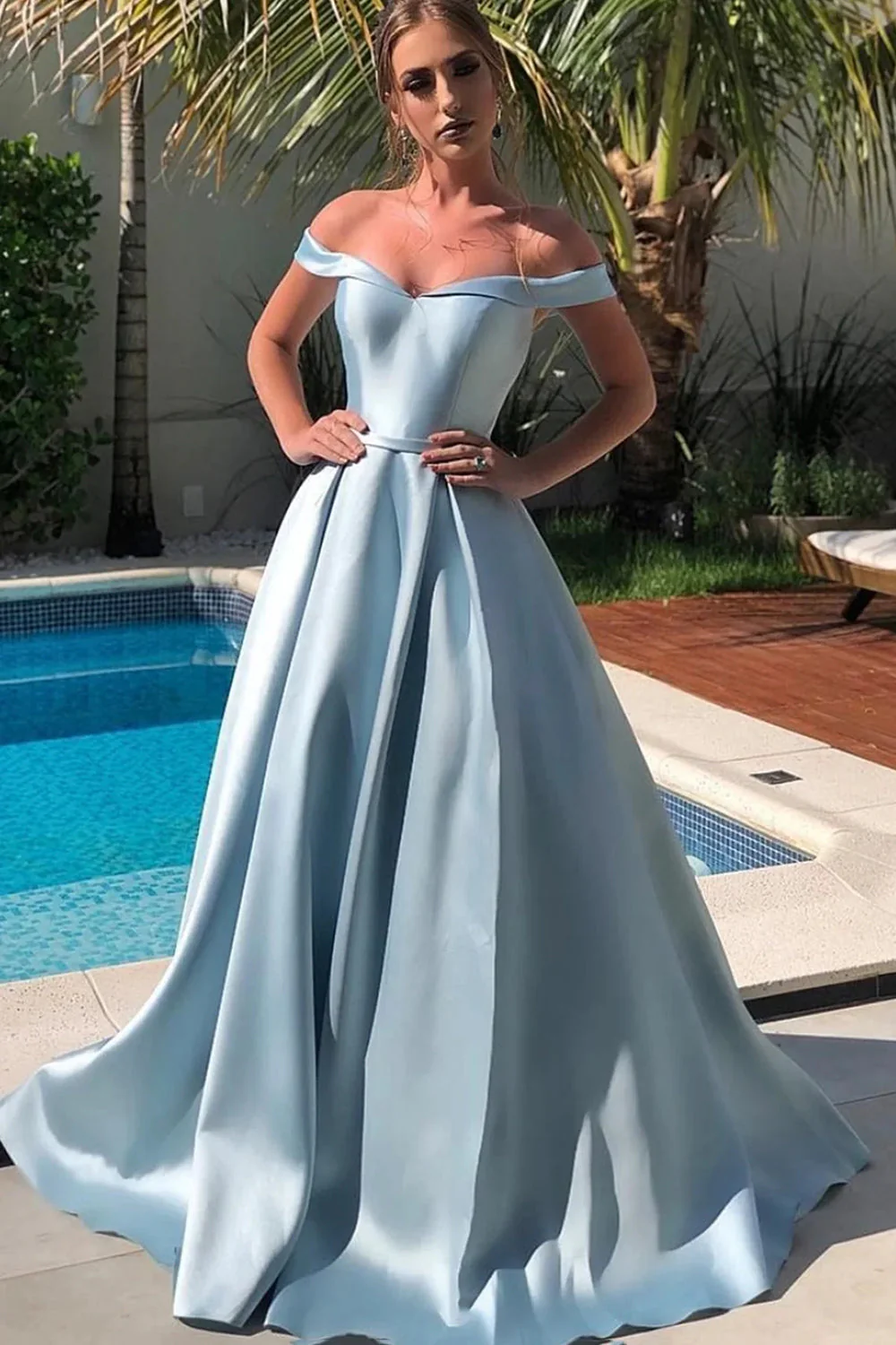 A Line Off the Shoulder Blue Long Prom Dress - Image 3