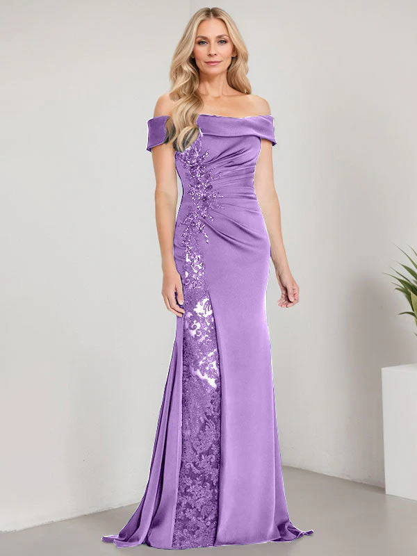 A-Line Off the Shoulder Floor-Length Mother of the Bride Dress Applique Beadings Mermaid Dress With High Split - Image 22