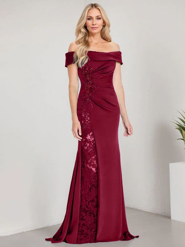 A-Line Off the Shoulder Floor-Length Mother of the Bride Dress Applique Beadings Mermaid Dress With High Split - Image 9