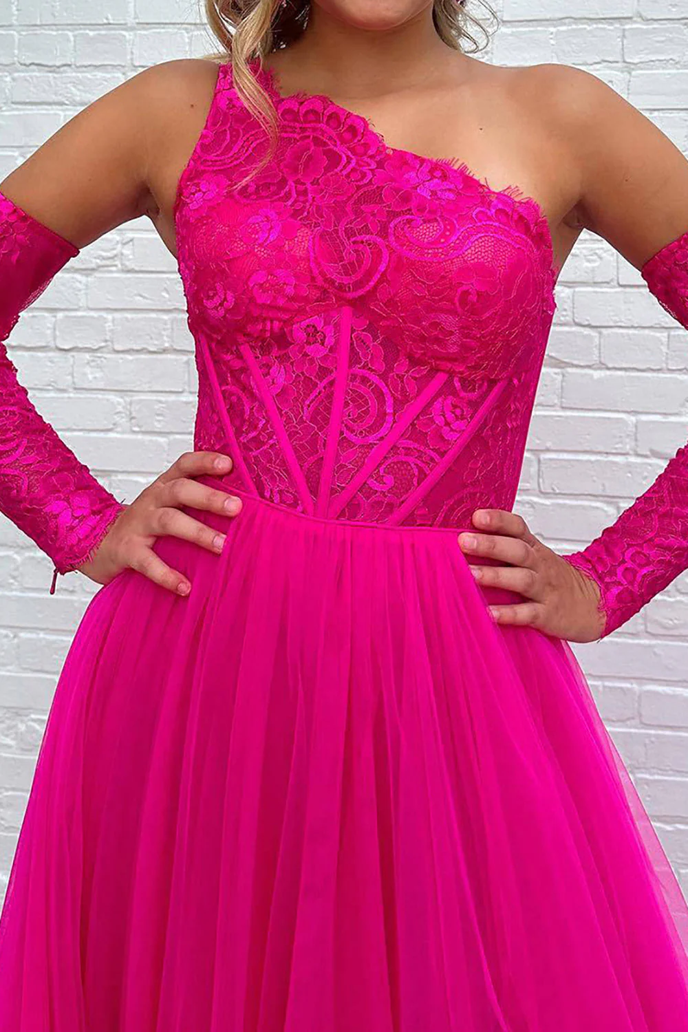 A Line One Shoulder Fuchsia Corset Prom Dress with Split Front - Image 6