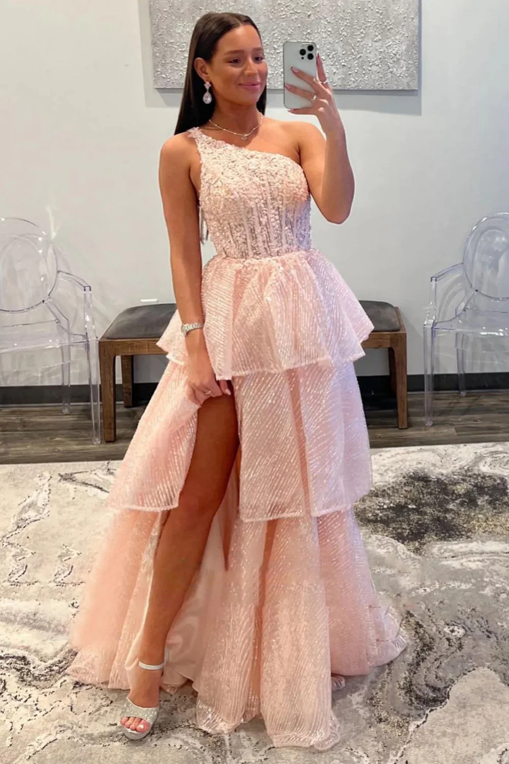 A Line One Shoulder Pink Long Prom Dress with Ruffles - Image 3