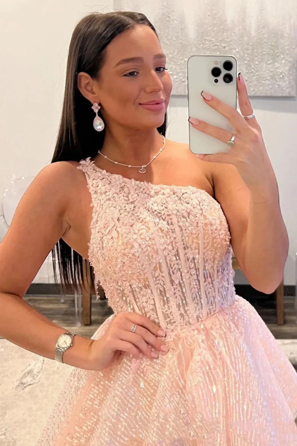 A Line One Shoulder Pink Long Prom Dress with Ruffles - Image 4