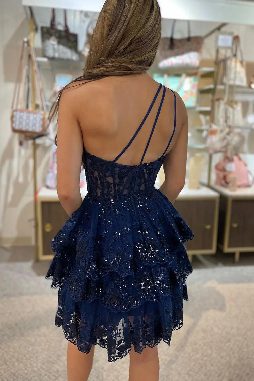 A Line One Shoulder Tiered Lace Black Short Homecoming Dress - Image 5