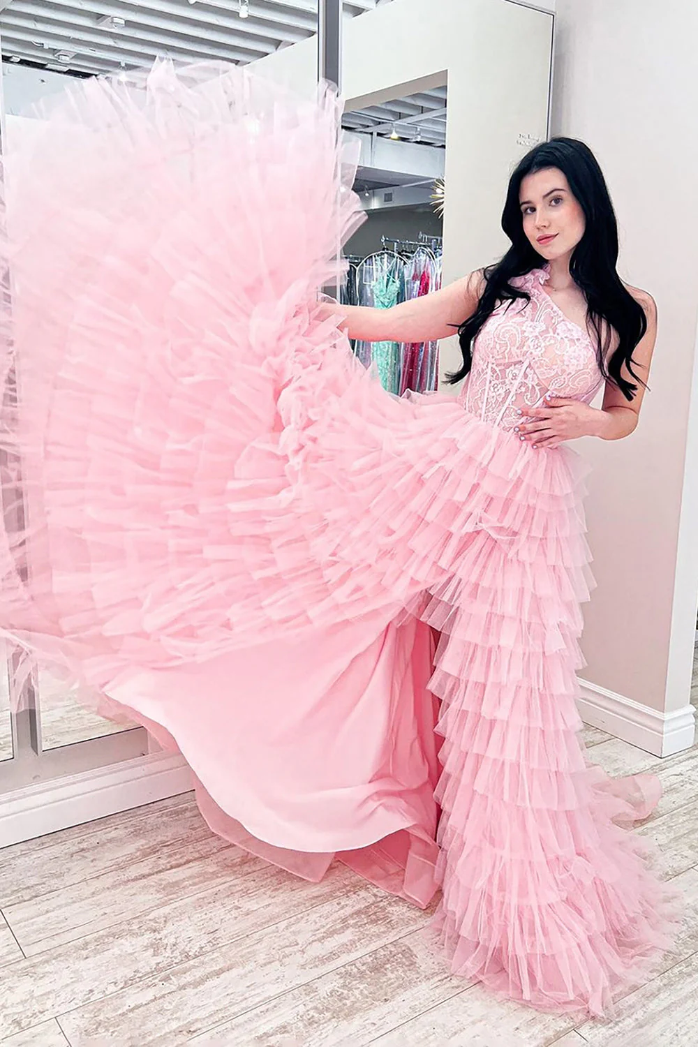 A Line One Shoulder Tiered Long Prom Dress - Image 6