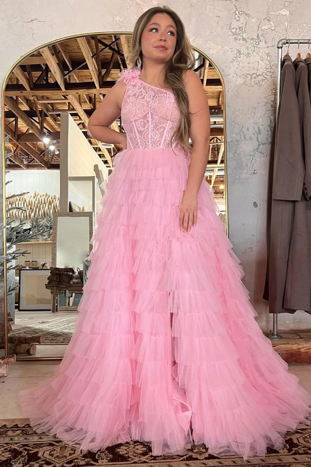 A Line One Shoulder Tiered Long Prom Dress - Image 7