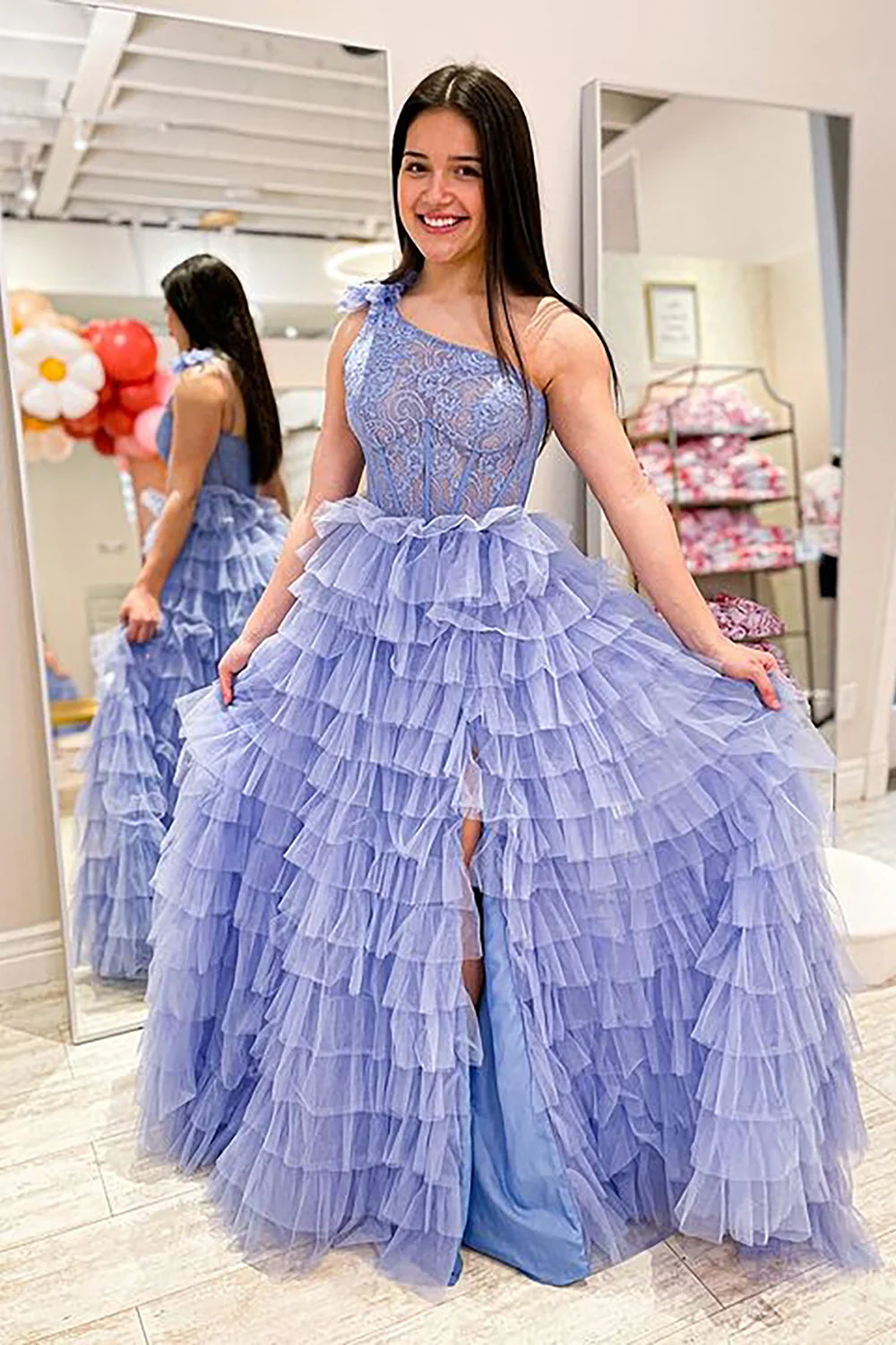 A Line One Shoulder Tiered Long Prom Dress - Image 8