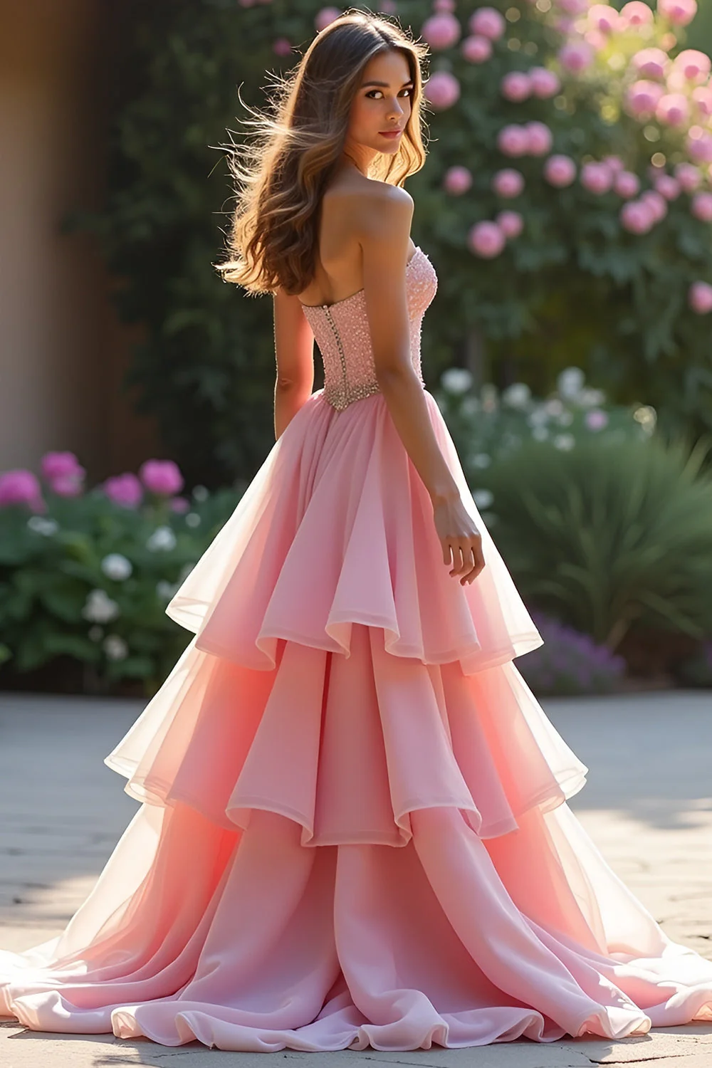 A Line Pink Tiered Long Prom Dress with Ruffles - Image 3