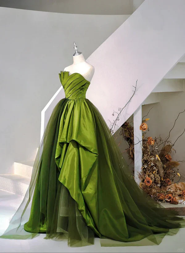 A-Line Princess Ballgown Green Satin and Tulle Sweetheart Long Party Dress Prom Dress - Image 3