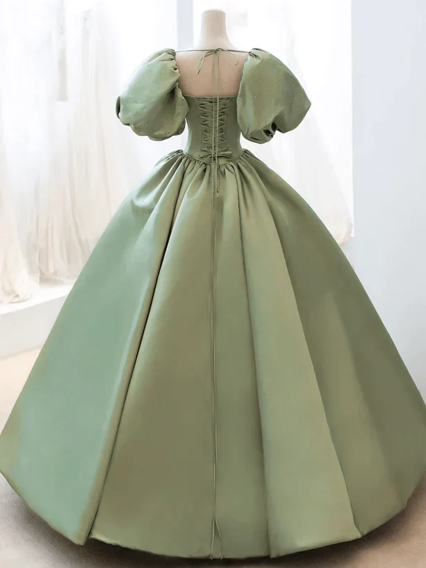 A-Line Princess Green Satin Puffy Sleeves Long Formal Dress Satin Prom Dress Party Dress - Image 2