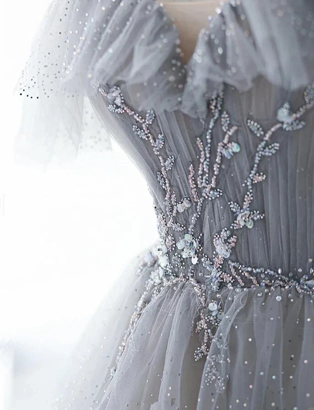 A-Line Princess Grey Beaded Layers Glitter Tulle Long Formal Dress Off Shoulder Prom Dress - Image 4