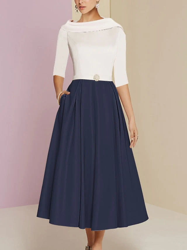 A-Line/Princess Jewel Neck Half Sleeve Tea Length Mother of the Bride Dresses with Pockets Pleats - Image 10