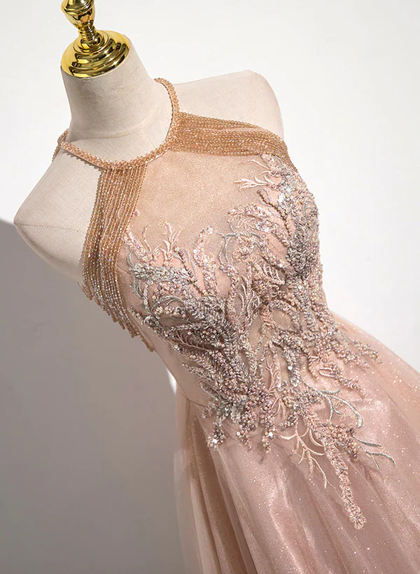 A-Line Princess Lovely Pearl Pink Halter Tulle With Lace Applique Party Dress Tulle Long Prom Dress - Image 2