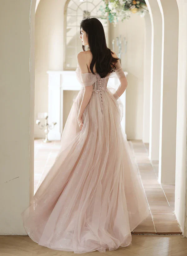 A-Line Princess Pink Off Shoulder Tulle Long Formal Off Shoulder Pink Long Prom Dress - Image 2