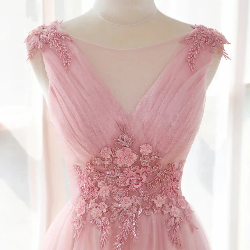 A-Line Princess Pink Tulle V-neckline with Lace Long Party Dress Prom Dress - Image 3