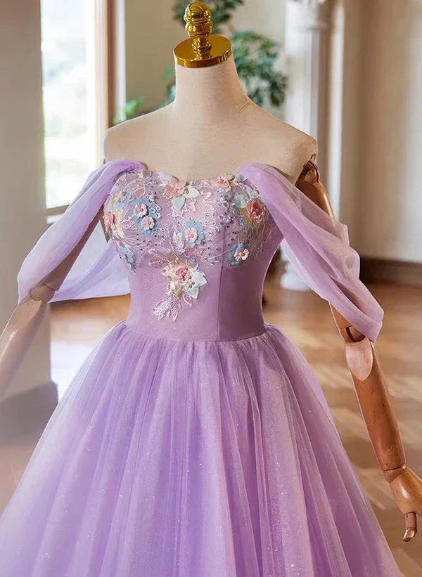 A-Line Princess Tulle Light Purple Sweethart Lace Applique Party Dress Prom Dress - Image 2